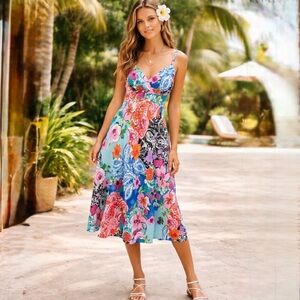 Jams World Paisley Rose Patchwork Tropical Rayon Dress Made in Hawaii Sz M🧡
